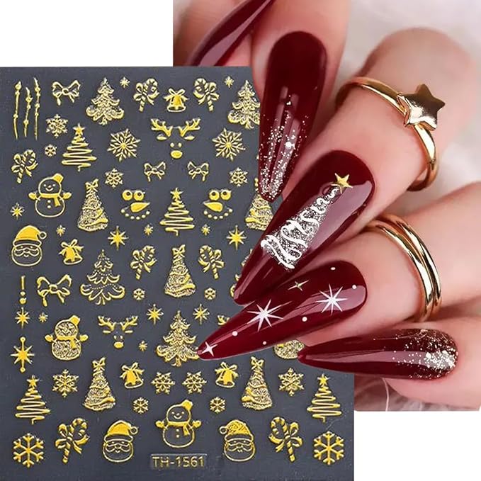 3D Christmas Nail Stickers for Nail Art, Gold Self-Adhesive Christmas Nail Art Stickers Decals 6PCS Deer Snowflake Crystal Ball Bow Tree Snowman Xmas Nails Design Holiday Manicure Supplies for Women