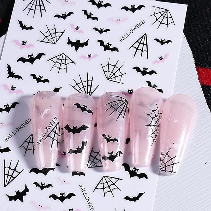 Halloween Nail Art Stickers 3D Bat Spider Web Halloween Nail Decals Self-Adhesive Nail Art Supplies 6PCS Pink Pumpkin Skull Butterfly Skeleton Design Holiday Nail Stickers for Women DIY Nail Salon