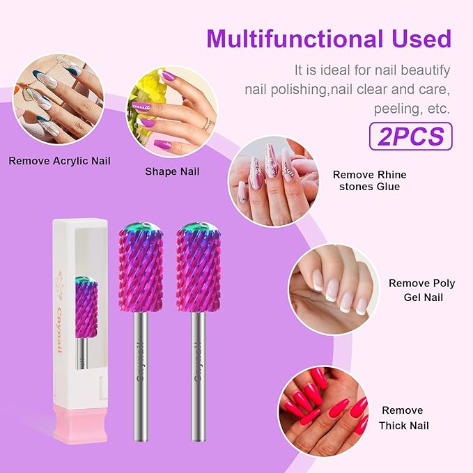 3/32" 2PCS Large Barrel Smooth Round Top Tungsten Carbide Nail Drill Bit Safety Bit for Gel & Acrylic Removal, 2-Way Rotating Efile Tip, Salon Electric File Accessory (XXC Grit, Purple)