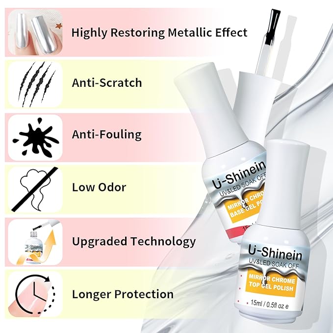 15ml Top Coat for Metallic Painting Gel, No Wipe Top Gel Polish for Metallic Gel Nail Polish, Chrome Nail Polish, Chrome Nail Powder, Mirror Nail Gel, Easy to Make Mirror Chrome Effect