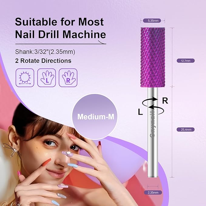 3/32" Small 5.35MM Barrel Bit Tungsten Carbide Nail Drill Bit Safety Bit for Gel & Acrylic Removal, 2- Way Rotating Efile Tip, Salon Electric File Accessory (M Girt, Purple)