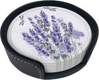 6 Pcs Lavender Flower Purple Floral Dragonfly Leather Coasters - Image 5