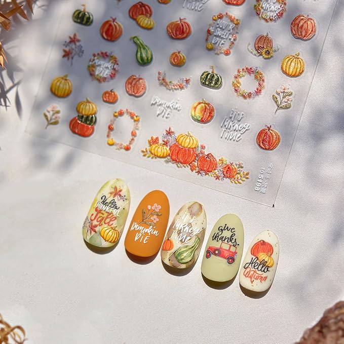 1 Sheets Embossed Pumpkin Nail Decals for Nail Art Thanksgiving Day Fall Nail Stickers 5D Self-Adhesive Autumn Leaf Nail Art Stickers Cute Pumpkins Nail Decal for Women DIY Manicure Decor