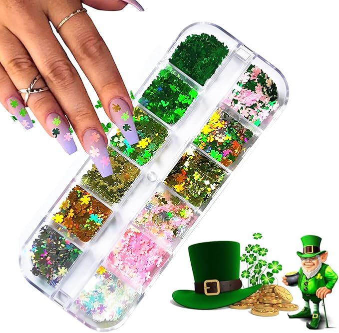 St. Patrick's Day Nail Art Glitters Green Clover Flakes Nail Sequins 3D Shamrocks Nail Art Glitter Design Holographic Leaf Sequin Nails Supplies Shine Lucky Nail Art Stickers Decorations DIY Crafts