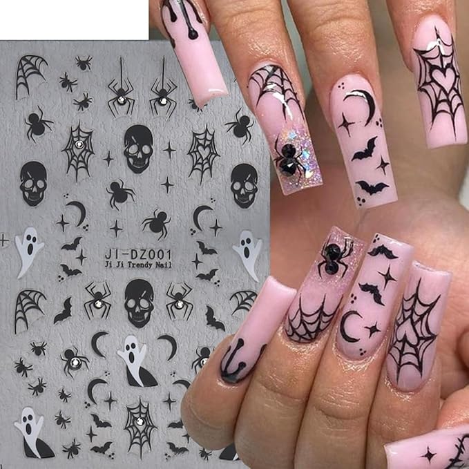 6Sheets Halloween Nail Stickers for Nail Art,3D Self-Adhesive Cute Ghost Spider Web Nail Decals with Rhinestones Design,Pink Pumpkin Spiders Skull Nail Art Stickers for Women Girls DIY Nail Decoration