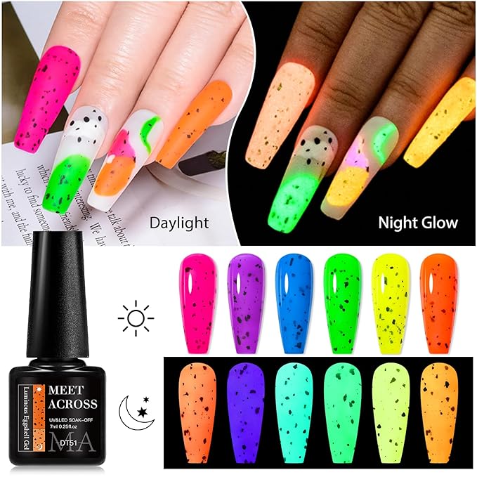 MEET ACROSS Glow in the Dark Eggshell Gel Nail Polish Set, 6 Colors Luminous Neon Gel Nail Polish Fluorescent Bright Colors Hot Pink Yellow Purple Nail Polish Soak off Nail Art Manicure Salon
