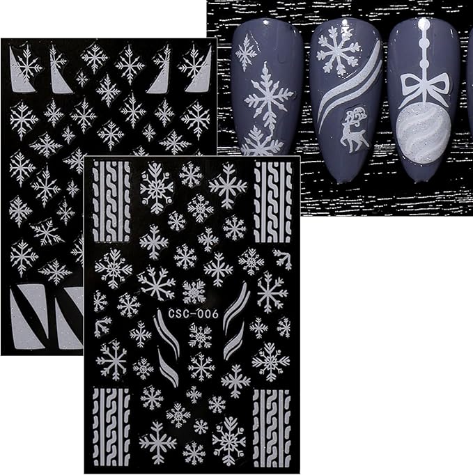 JMEOWIO 8 Sheets Christmas Glitter Nail Art Stickers Decals Self-Adhesive Cute Snowflake Winter Holiday White Nail Supplies Nail Art Design Decoration Accessories