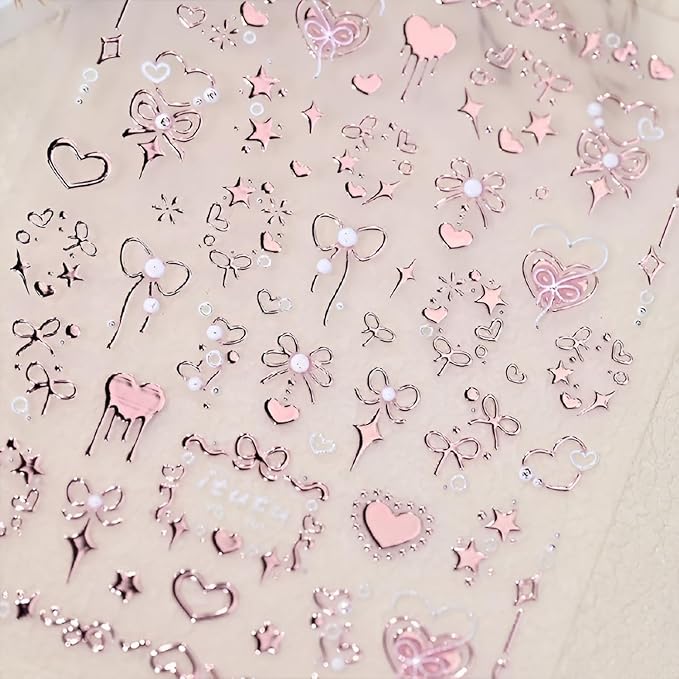 Pink Heart Nail Art Stickers Decals 5D Embossed Star Nail Stickers for Nail Art Pink Bow Nail Decals Valentine Nail Design Cute Nails Supplies for Women