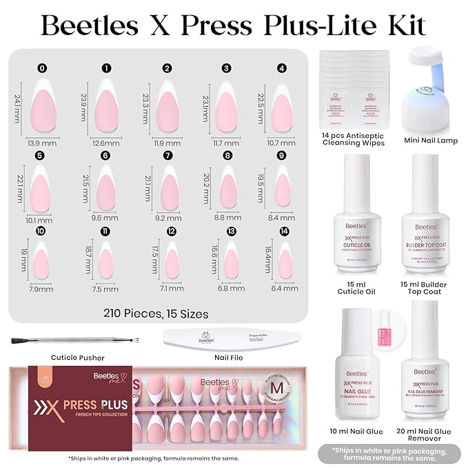 Beetles X Press Plus Gel Nails Kit - Peachy French | Pink Medium Almond French Tip Press On Nails | 210Pcs 15 Sizes All-in-One Kit With Nail Glue,Remover,Builder Top Coat,Nail Lamp Gift For Fall Nails