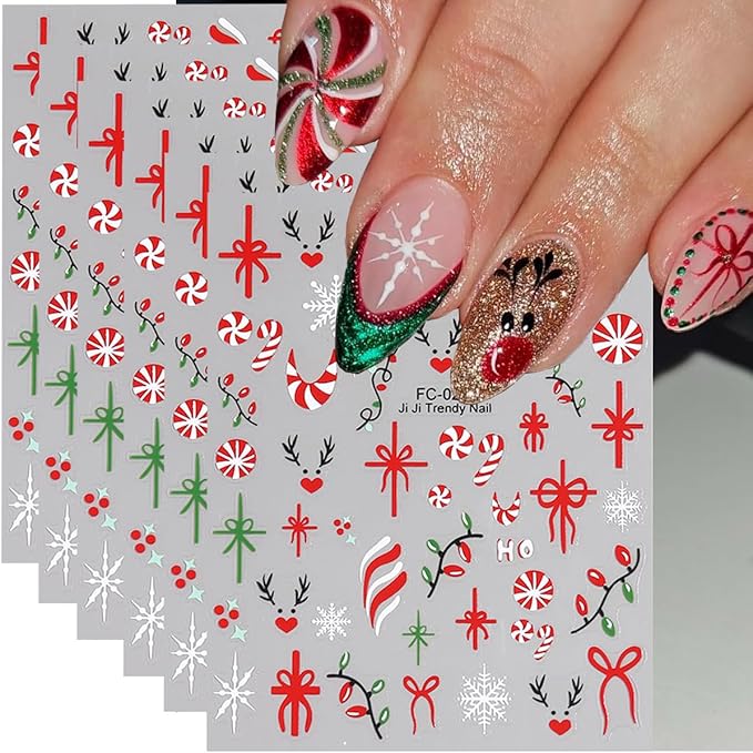 Christmas Nail Stickers for Nail Art, French Gift Bow Snowflake Nail Art Stickers 6PCS Colorful Light Candy Cane Deer HoHo Xmas Nails Design Adhesive Decals for Acrylic Nails DIY Manicure Decorations