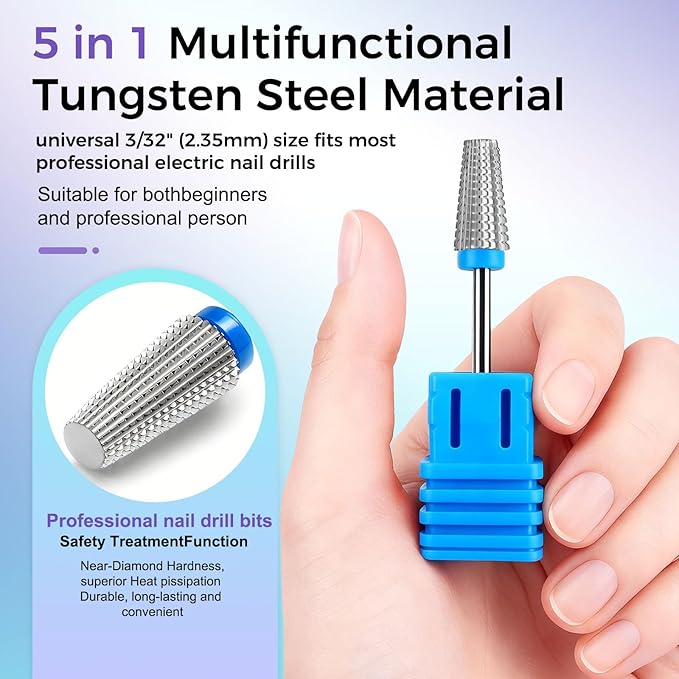 Fantexy 5 in 1 Nail Drill Bits,Professional 3/32" Shank Tungsten Steel Bits for Acrylic Nails,Manicure,Nail Art,Drill Machine,Both Left and Right Handed - Two Way Rotate Use (Medium - M)