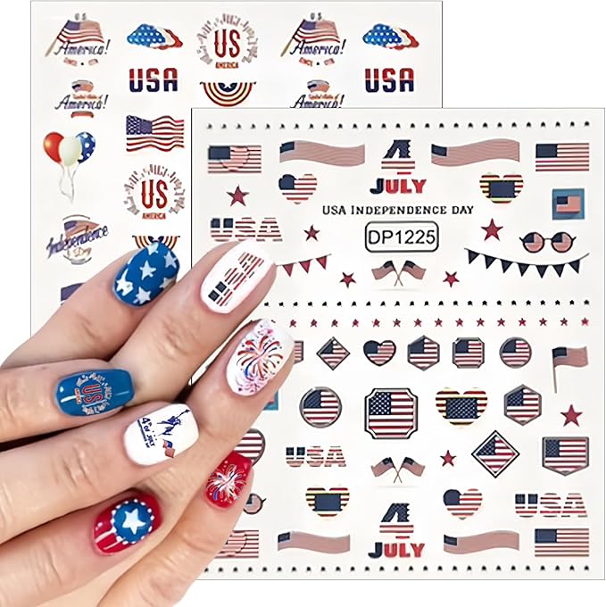5 Sheets July 4th Nail Art Stickers 3D Self Adhesive American Flag I Love America Nail Decals Memorial Day for Women Nail Art Decoration