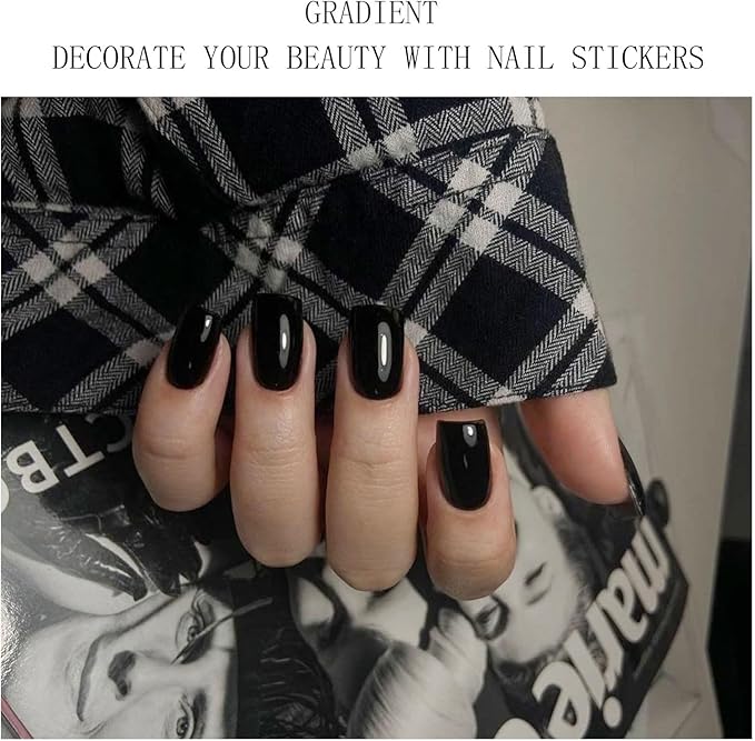 JMEOWIO Semi Cured Gel Nail Strips Black Gel Nail Stickers Nails Art Design Decoration Accessories