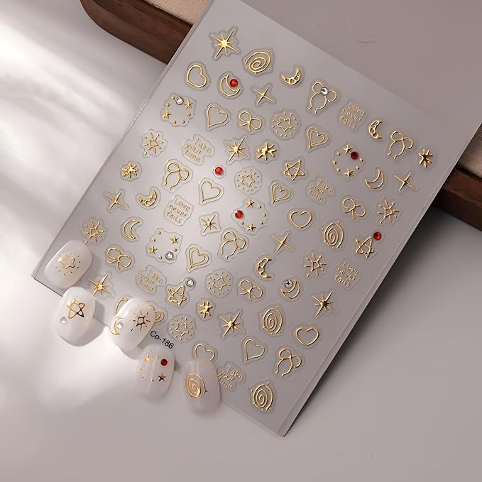 Gold Nail Art Stickers Bow Star Nail Stickers 5D Self-Adhesive Nail Decals with Rhinestones Design Gold Heart Moon Nail Supplies Decoration Accessories for Women and Girls