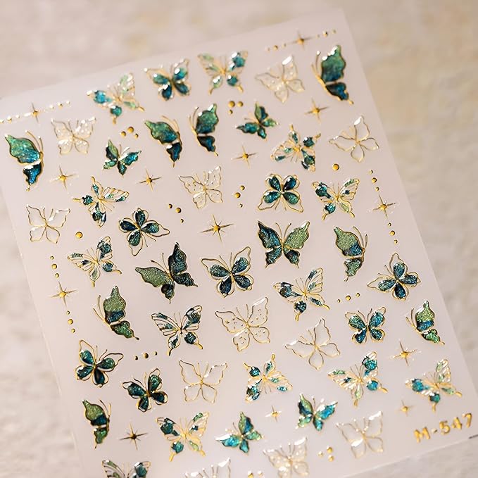 Green Butterfly Nail Stickers for Nail Art 5D Embossed Nail Decals Gold Butterfly Nail Art Stickers Cute Nail Supplies for DIY Manicure Self Adhesive Nails Design for Women