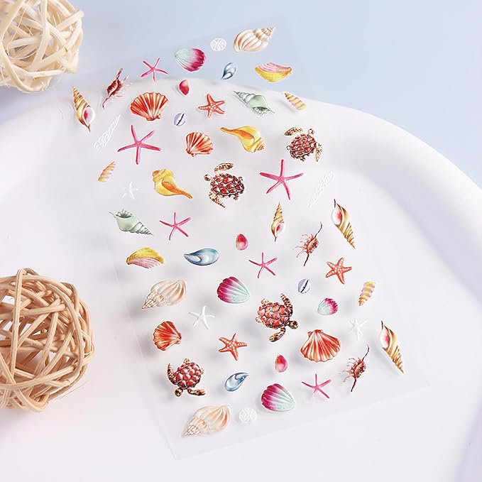 1 Sheets Summer Nail Stickers for Nail Art 5D Embossed Conch Starfish Nail Decals Ocean Beach Nail Art Stickers Self-Adhesive Sea Turtles Seashell Nail Design Decals for Women Acrylic Nails Supplies