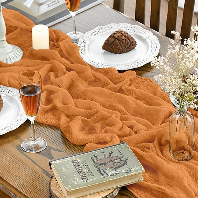 Artoid Mode Boho Cheesecloth Gauze Orange Wedding Table Runner, 120 Inch - Image 5