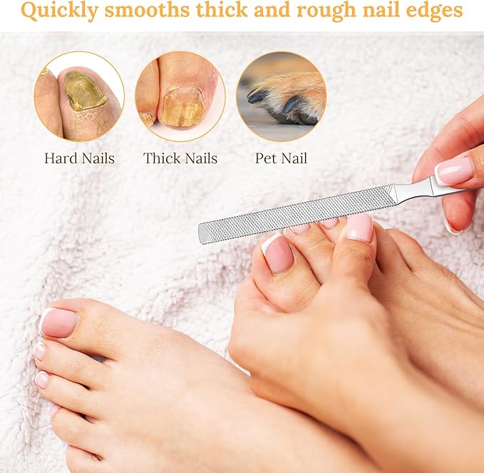 Professional Nail File Set 8 Pcs Stainless Steel Double Sided Manicure Pedicure Tools for Thick Hard Nails Non Slip Ergonomic Handle for Home Travel Salon Reusable Nail Care Kit for Fingernails