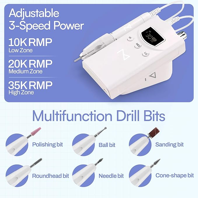 M GEM Brushless Nail Drill 35K RPM | Professional Cordless Efile Machine | Rechargeable Electric Nail File with Bits | Portable Quiet Low Vibration Tool for Acrylic, Gel, Natural Nails (Pink)