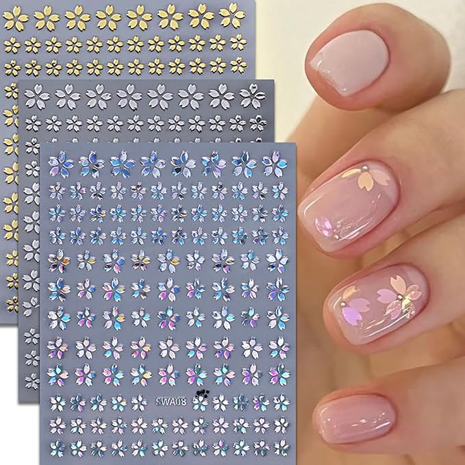 Flower Nail Art Stickers Decals 3D Self-Adhesive Laser Gold Sliver Cherry Bblossoms Flowers Nail Design Sticker Floral Spring Nail Art Supplies for Women and Girls Acrylic Nail Decoration 6 Sheets
