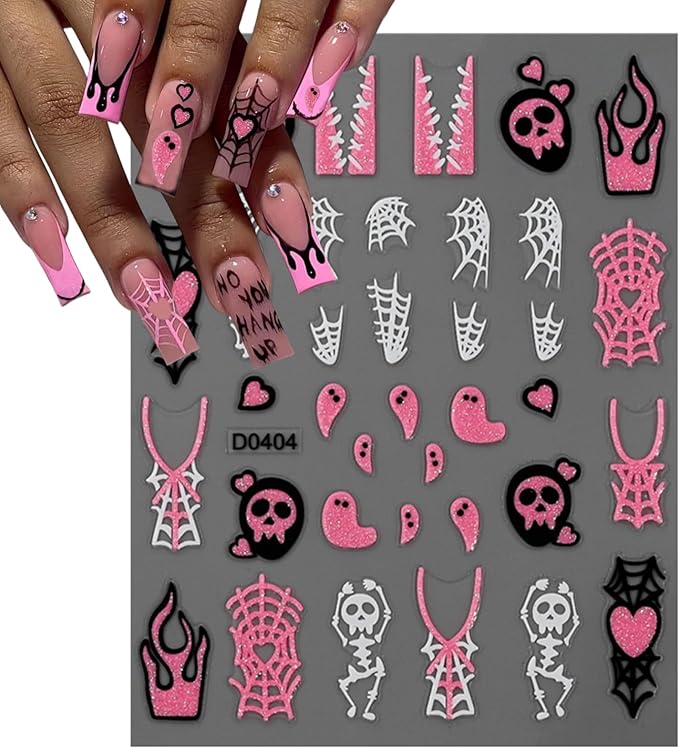 6 Sheets Halloween Nail Art Stickers Cute Ghost Bats Spiders Flame Pink Glitter French Nails Stickers Spiders Web Love Heart Design Nail Art Decals for Women Girls DIY Halloween Nails Decoration