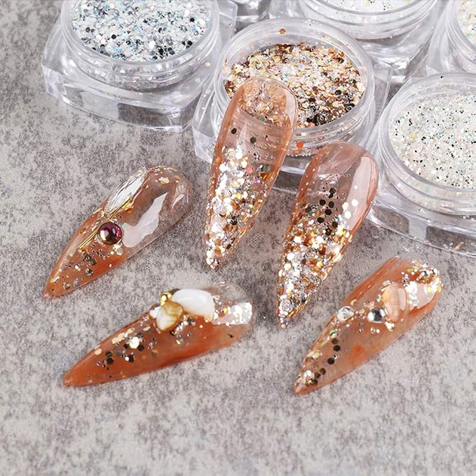 Holographic Nail Art Kits 6 Boxes 3D Glitter Metallic Shining Flakes Acrylic Powder Dust Sequins Decoration Holographic Manicure Tips (Vintage Color)