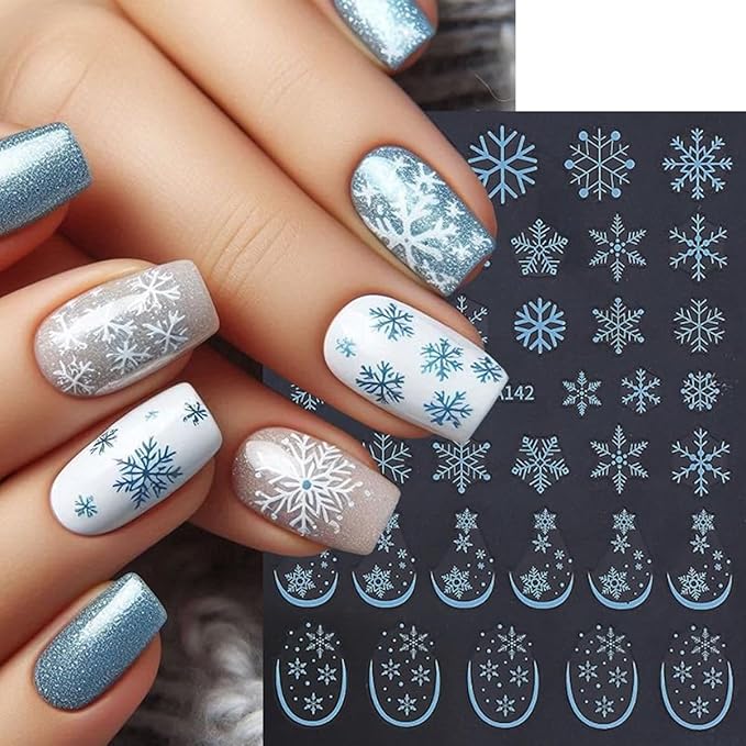 Snowflake Nail Stickers Christmas Nail Art Stickers French Tips Nail Decals Gold White Blue Mixed Shape Snowflake Design Winter Nail Sticker for Nail Art Women DIY Manicure Decoration 6 Sheets