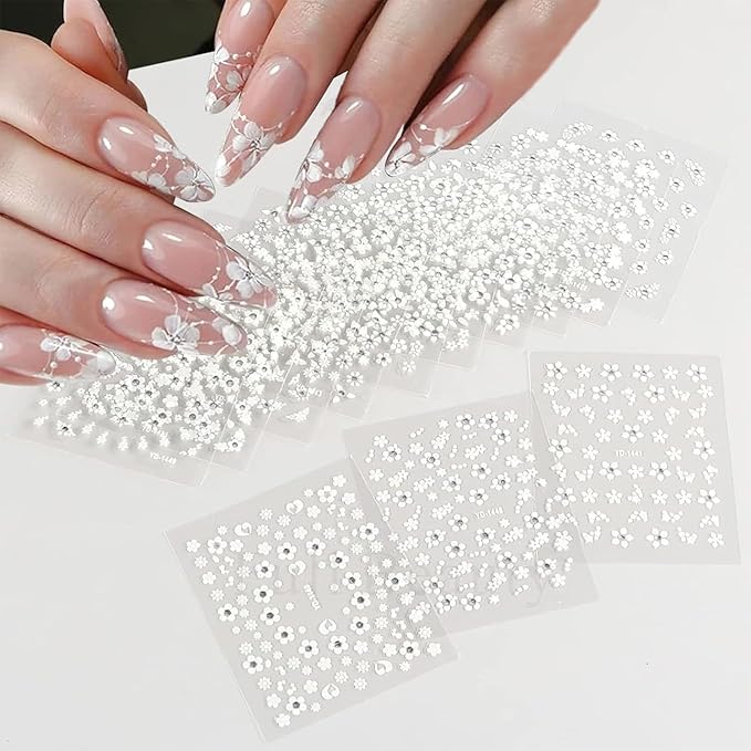 30 Sheets White Flower Nail Art Stickers, 3D Self Adhesive White Flower Nail Sticker Design Holographic Small Floral with Rhinestones Nail Art Decals Nail Supplies for Women Girls Manicure Decoration