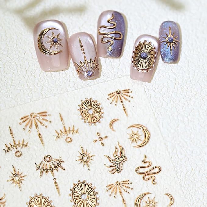 Gold Nail Art Sticker Decals Star Moon Nail Stickers Snake with Design Self Adhesive Nail Decals 5D Embossed with Design Bronzing Manicure DIY Supply Decoration Accessories for Women