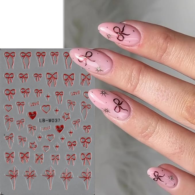 5D Embossed Bow Nail Stickers, 5 Sheets Self-Adhesive Pink White Ribbons Nail Decals, Valentines' Day Nail Art, Heart Nail Charms, Cute Cartoon Pop Art Stickers, Pegatinas para Uñas