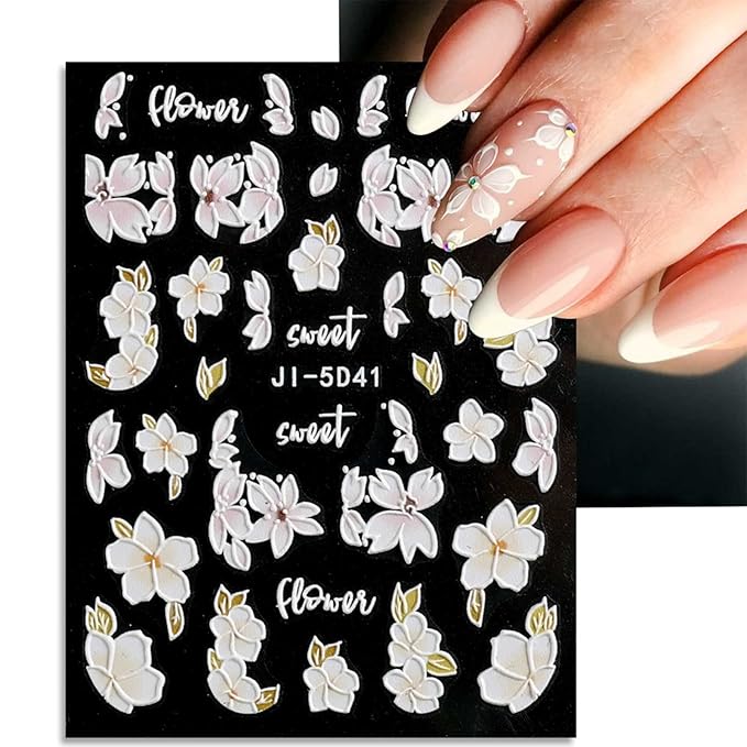 JMEOWIO 3D Embossed Spring Flower Nail Art Stickers Decals Self-Adhesive Pegatinas Uñas 5D Colorful Summer Floral Nail Supplies Nail Art Design Decoration Accessories 4 Sheets