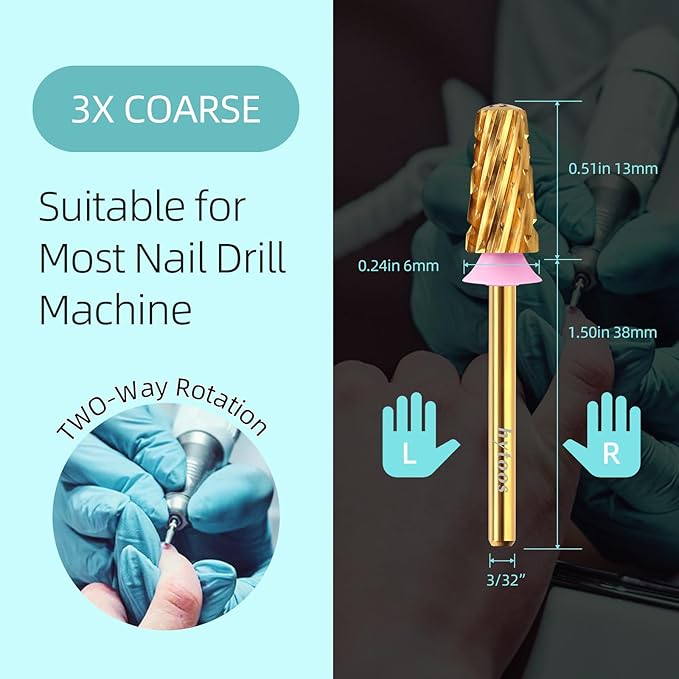 Safety Tapered Nail Drill Bits,Titanium Coating Round Top 3/32 Carbide Nail Bit, Two-way Rotate for Both Hand, Manicure Drills Accessories Remove Thick Gel Tool (3XC, titanium)