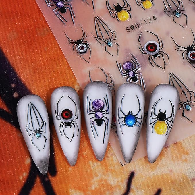 Halloween Nail Stickers 5D Spooky Skull Spider Nail Decals DIY Self Adhesive Mushroom Crow Flower Spider Web Nail Design Sticker Nail Decoration Supplies Holiday Manicure Accessories for Women 3Pcs