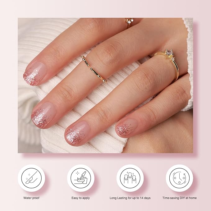Semi Cured Gel Nail Strips - 30PCS Gel Nail Stickers for UV Light, Long-Lasting Gel Nail Wraps, Salon-Quality Semi Cured Nail Stickers, 2 Weeks Wear, Easy DIY Gel Manicure-Pink Stardust