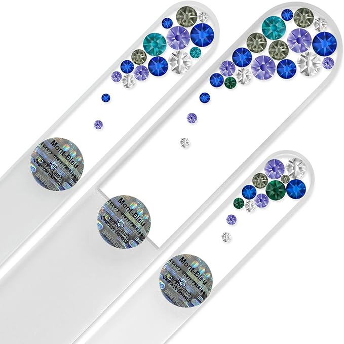 Mont Bleu Set of 3 Glass Nail Files Hand Decorated with crystals - in Black Velvet Sleeve - Genuine Czech Tempered Glass - Handmade Crystal Nail Files
