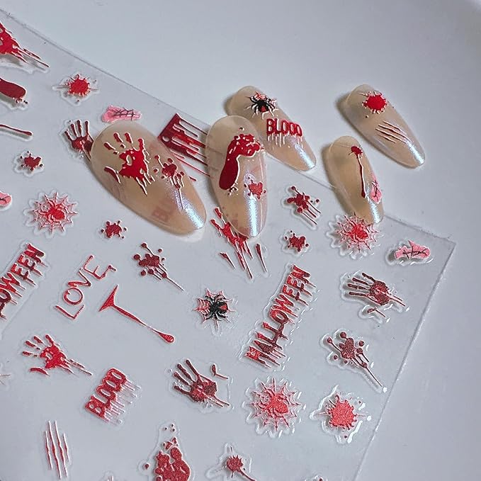 1 Sheets Halloween Nail Stickers for Nail Art Embossed Bloody Handprint Nail Art Stickers Blood Drop Spider Gothic Nail Decals 5D Self-Adhesive Bloody Footprints Nail Design Decals for Women