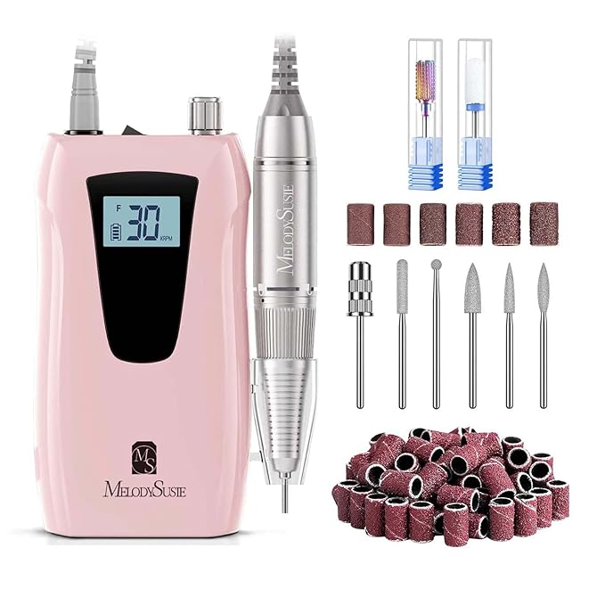 MelodySusie Professional Nail Drill 30000RPM, SC320D Rechargeable Electric Nail Drill Machine, Cordless Nail E File for Acrylic Gel Nails, 8pcs Nail Bits 50pcs Sanding Bands, Selene Pink