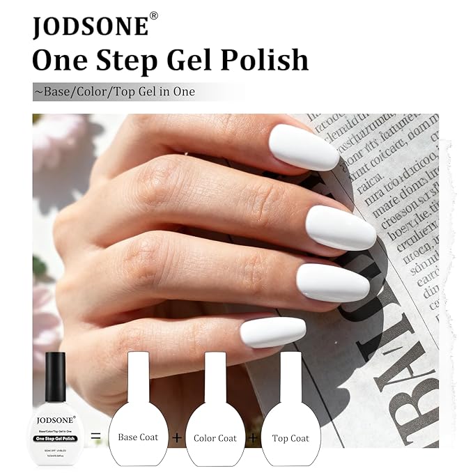 JODSONE White Gel Polish Top Base Coat,16.5ml 3-in-1 One Step Gel Polish,Base Color Top Gel in One, Save Time,Long Lasting