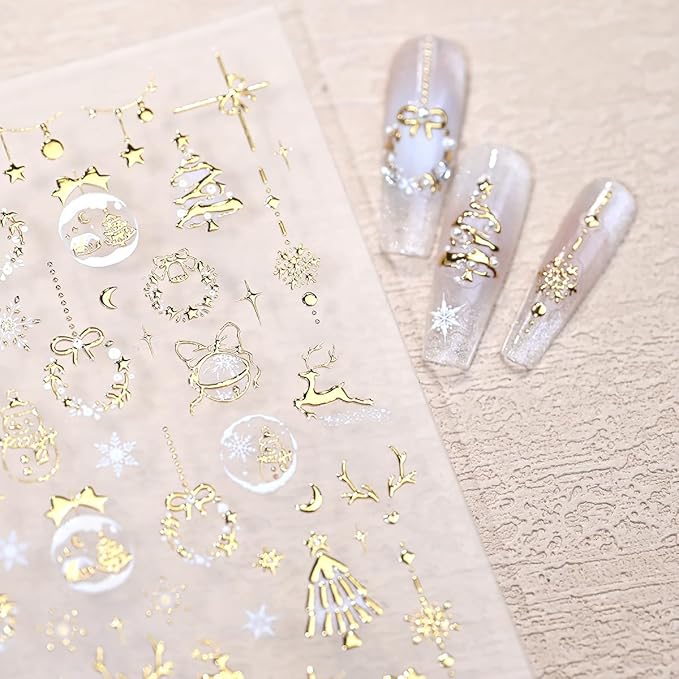 Christmas 5D Embossed Nail Art Stickers for Rhinestones - Self Adhesive Gold Xmas Trees, Snowman, Reindeer, Snowflake Design - Cute Winter Star Stickers for Women