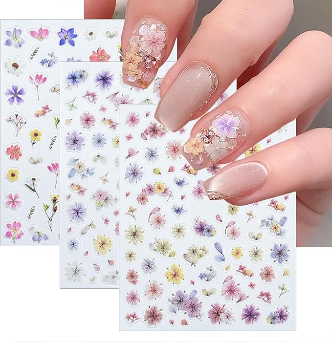 3 Sheets Spring Colored Glitter Flowers Nail Art Stickers 3D Self-Adhesive Gradual Smudge Flowers Pink Dried Flower Pattern Pink Petal Design Nail Decals for Women DIY Nail Art Decorations