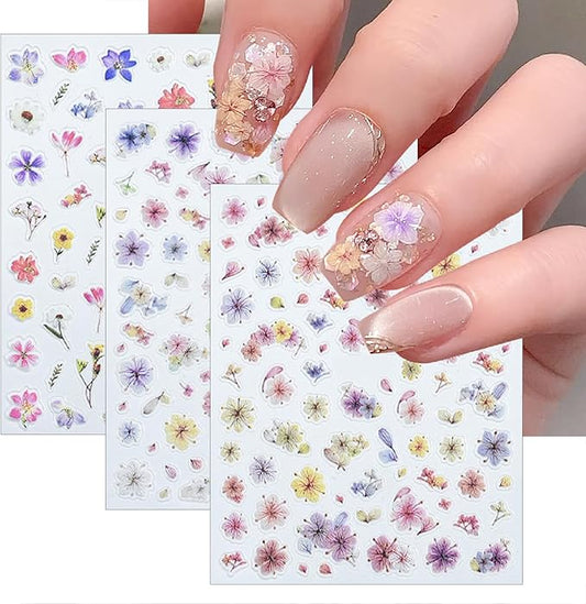 3 Sheets Spring Colored Glitter Flowers Nail Art Stickers 3D Self-Adhesive Gradual Smudge Flowers Pink Dried Flower Pattern Pink Petal Design Nail Decals for Women DIY Nail Art Decorations