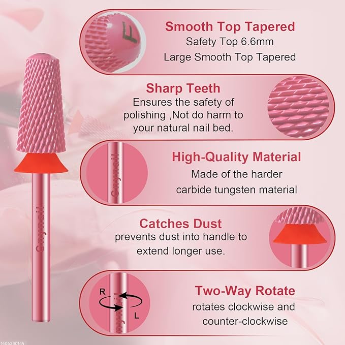 3/32" Large Tapered Smooth Top Bit Tungsten Carbide Nail Drill Bit Safety Bit for Gel & Acrylic Removal, 2- Way Rotating Efile Tip, Salon Electric File Accessory (F Girt, Rose Red)