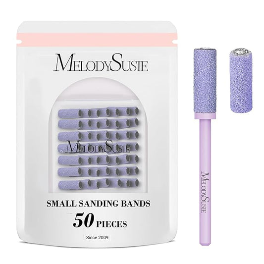 MelodySusie 50 Pcs Nail Drill Bits Small Sanding Bands with 3.1mm Mandrel Bit, 180 Fine Grit Nail File for Acrylic Nails Gel Manicures and Pedicure, Purple