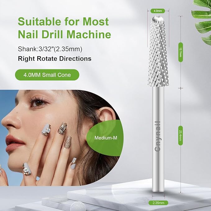 Cnynail 3/32" 4.0MM Small Cone Clean Medium Grit Carbide Cuticle Cleaner Bit for Electric Nail Drills – Professional Manicure Tool for Nail Salons and Home Use (M Grit. Silver)