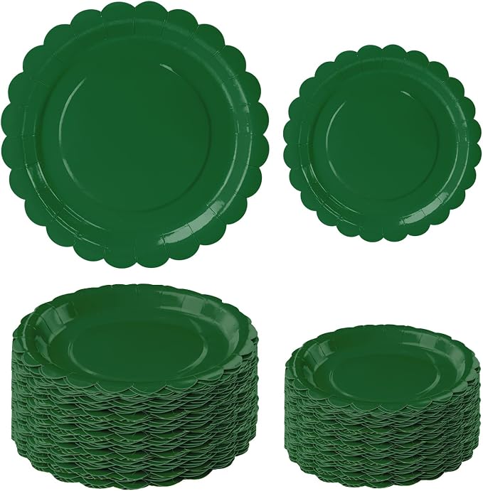 50 Pcs Green Scalloped Paper Plates 25 × 7'' and 25 × 9'' Disposable Green by FALIZIFU