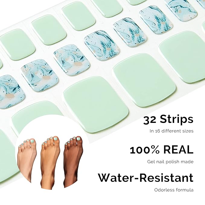NAILOG Semi Cured Gel Nail Strips, Toe Nail Polish Strips with Glossy Gel Finishing | Buy 3 Get 1 UV Lamp| 32 Pieces Long Lasting Pedi Stickers| Baby Blue