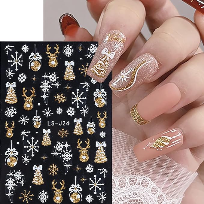 8 Sheets Christmas Nail Art Stickers - 3D Self-Adhesive Gold Glitter Snowflake Xmas Trees & White Reindeer Nail Decals - Winter Holiday DIY Kit