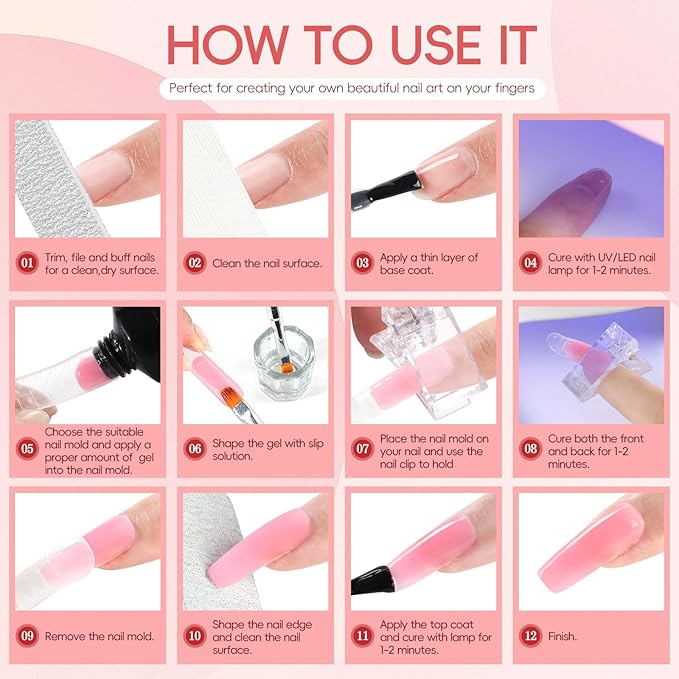 42Pc Poly Nail Gel Kit, 15 Colors Nude Pink White Clear Poly Nail Extension Gel with Nail Lamp Starter Kit Slip Solution 12Pc Nail Decorations Top Coat Manicure Kit Gifts for Women