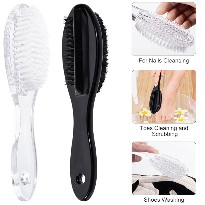 Nail Brush for Cleaning Fingernails 2 PCS, Long Handle Grip Double Sided Nail Foot Scrub Brush Fingernail Cleaner, Soft Stiff Bristles Pedicure Nail Scrubber Non-Slip for Men Women Black White