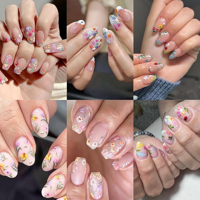 3Pcs Colorful Flower Nail Art Stickers 5D Self Adhesive Floral Nail Decals Embossed Daisy Nail Stickers Tulip Rose Nail Design Supplies Spring Summer Decoration Accessories for Women DIY Manicure